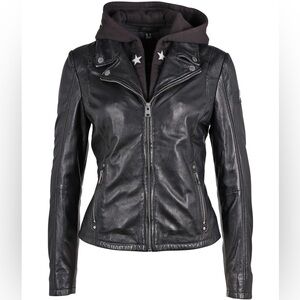 Mauritius Black Moto Leather Jacket w/Star appliqué hoodie